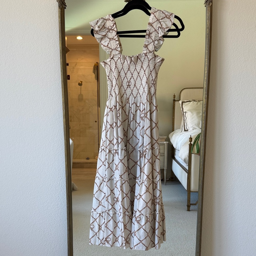 Hill House Ruffle Strap Maxi Dress in Cream and Brown Lattice